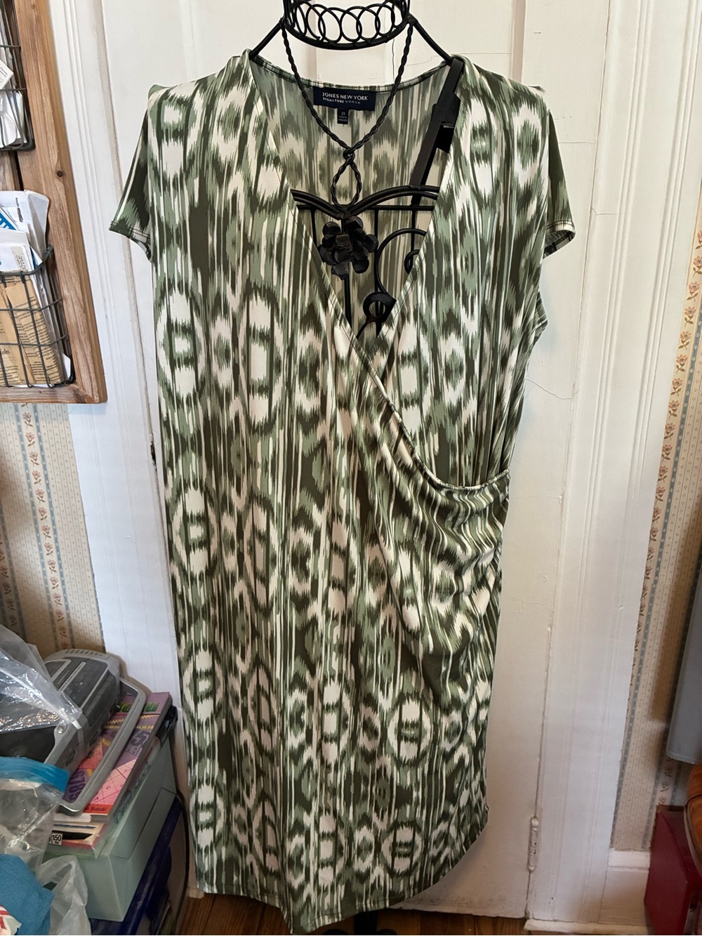 Jones New York Olive and White Ikat Wrap Dress